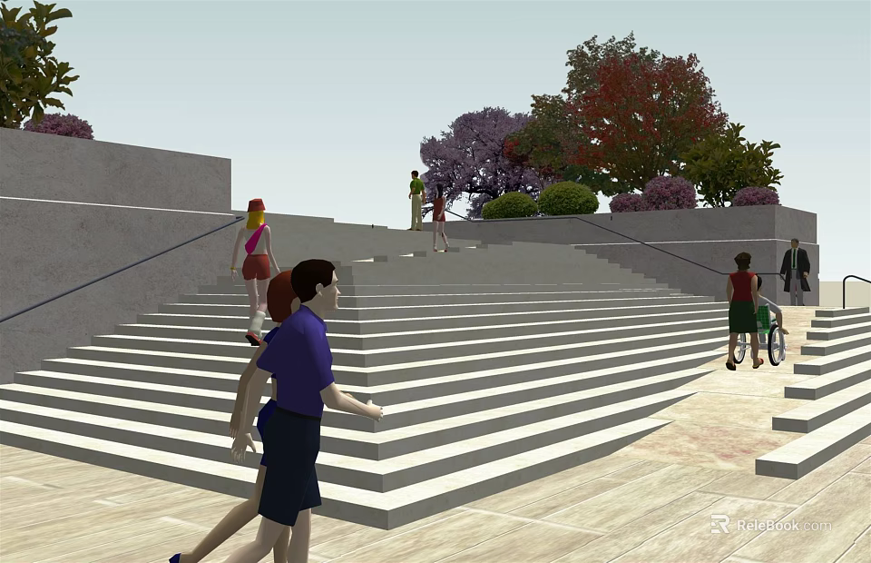 Outdoor Stone Stairs with People Walking Surrounded by Trees and Greenery 3d model 