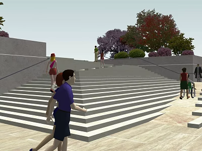 Outdoor Stone Stairs with People Walking Surrounded by Trees and Greenery 3d model