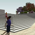 Outdoor Stone Stairs with People Walking Surrounded by Trees and Greenery