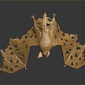 Golden Bat Sculpture Featuring Spread Wings and Intricate Hollow Patterns on Dark Background