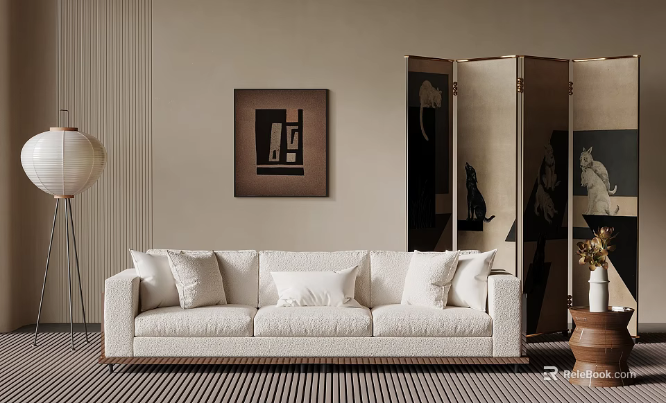 Elegant Modern Living Room With Beige Sofa White Cushions Abstract Painting And Floor Lamp 3d model 