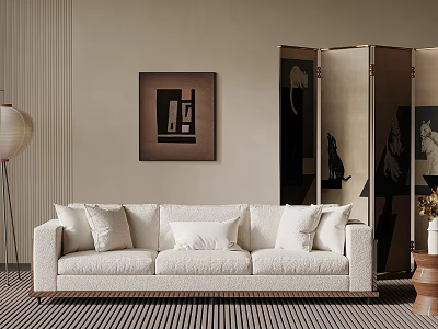 Elegant Modern Living Room With Beige Sofa White Cushions Abstract Painting And Floor Lamp 3d model