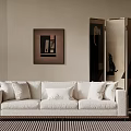 Elegant Modern Living Room With Beige Sofa White Cushions Abstract Painting And Floor Lamp
