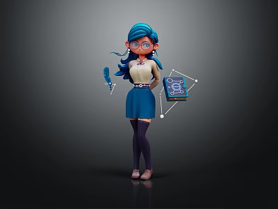 3D Female Character With Blue Hair Glasses Holding Microphone And 88 Device In Blue Skirt Purple Stockings 3d model