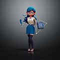 3D Female Character With Blue Hair Glasses Holding Microphone And 88 Device In Blue Skirt Purple Stockings