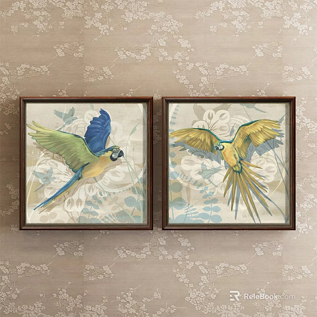 Decorative Animal Paintings of Parrots With Spread Wings and Botanical Elements in Wooden Frames 3d model 