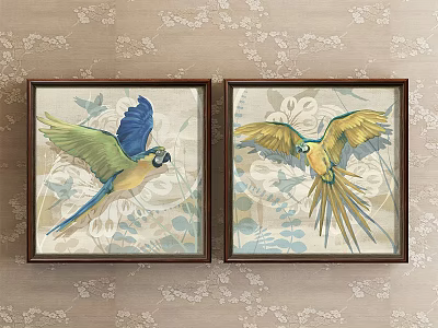 Decorative Animal Paintings of Parrots With Spread Wings and Botanical Elements in Wooden Frames 3d model