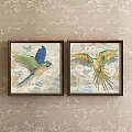 Decorative Animal Paintings of Parrots With Spread Wings and Botanical Elements in Wooden Frames