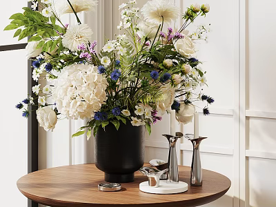 Black Vase With White And Blue Flowers Foliage On Round Wooden Table With Silver Candleholders 3d model