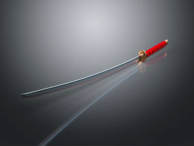 Katana Weapon Featuring Red Handle Golden Accent Long Slender Blade On Gray Background 3d model