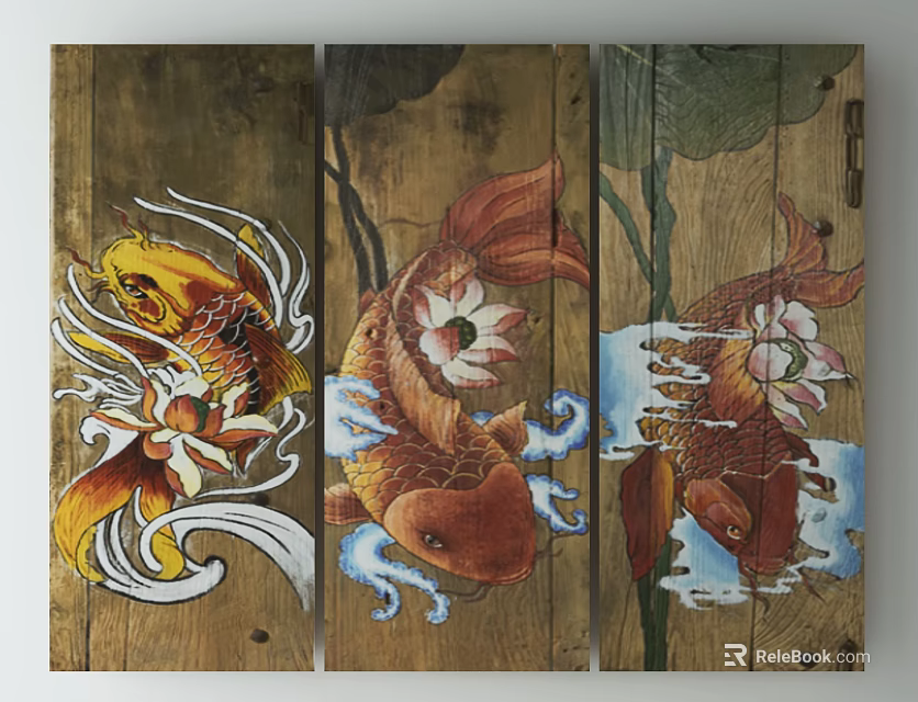 Vintage Wooden Panels With Koi Fish And Lotus Flower Paintings 3d model 