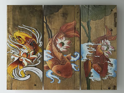 Vintage Wooden Panels With Koi Fish And Lotus Flower Paintings 3d model