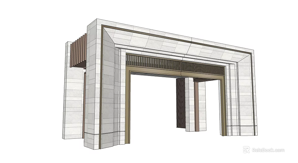 Modern Architectural Entrance Gate With Stone Walls And Metal Grilles 3d model 