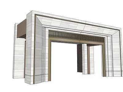 Modern Architectural Entrance Gate With Stone Walls And Metal Grilles 3d model