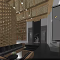 Elegant Hotel Lobby Interior With Wooden Paneling Hanging Lights Bookshelves And Sofa Seating