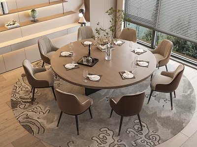 Elegant Modern Round Dining Table Set with Chairs Tableware Area Rug and Windows 3d model