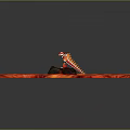 Animated Game Movie Character Red Yellow Robot Standing On Volcano With Magma
