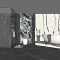 Modern Bathroom Interior Design With Glass Shower Enclosure Marble Walls Bathtub And Large Mirror