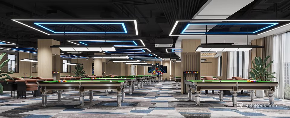 Modern Billiard Room Interior Design With Blue Strip Lights And Multiple Pool Tables 3d model