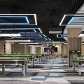 Modern Billiard Room Interior Design With Blue Strip Lights And Multiple Pool Tables 3d model