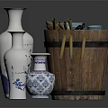 Traditional Household Items Including Blue And White Porcelain Vases Wooden Barrel And Small Bowls