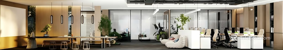 Modern Office Interior Design With Glass Partitions Green Plants And Sofa 3d model 