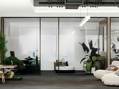 Modern Office Interior Design With Glass Partitions Green Plants And Sofa 3d model