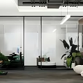 Modern Office Interior Design With Glass Partitions Green Plants And Sofa