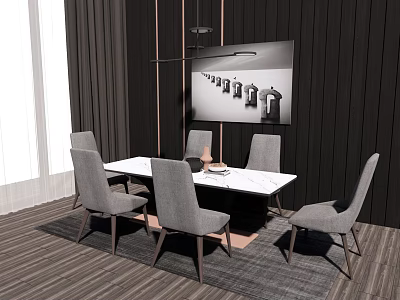 Modern Dining Table Set With White Top Gray Chairs And Pendant Light 3d model