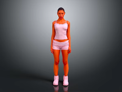 A Woman Standing in White Tank Top Shorts and White Boots Against Gray Background 3d model