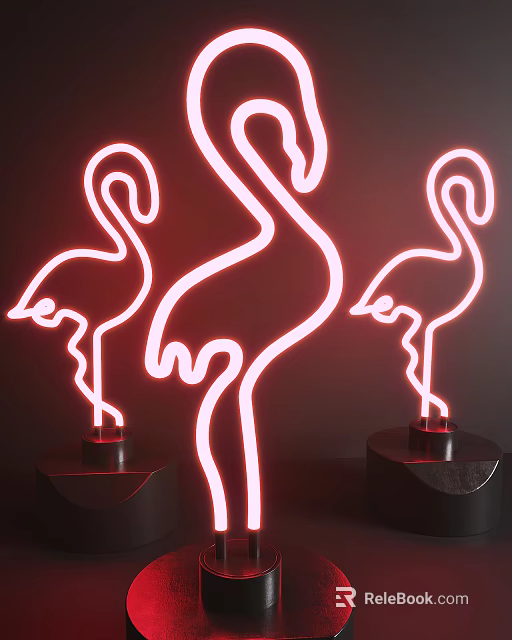 Red Flamingo Shaped Neon Light Table Lamps With Black Bases For Room Decor 3d model 