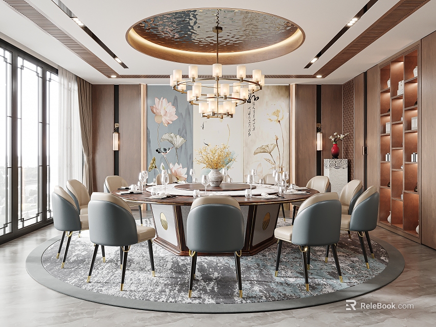 Private Dining Room Interior With Round Table Chandelier Gray Chairs And Decorative Painting 3d model 
