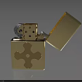 Stylish Golden Metallic Lighter With Open Lid Cross Pattern And Dice For Daily Use
