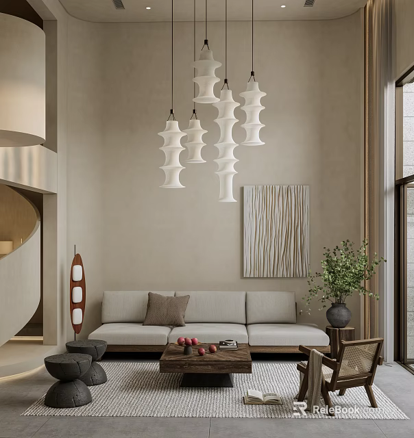 Elegant Duplex Living Room Interior With White Pendant Lights Beige Sofa And Decorative Painting 3d model 