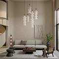 Elegant Duplex Living Room Interior With White Pendant Lights Beige Sofa And Decorative Painting