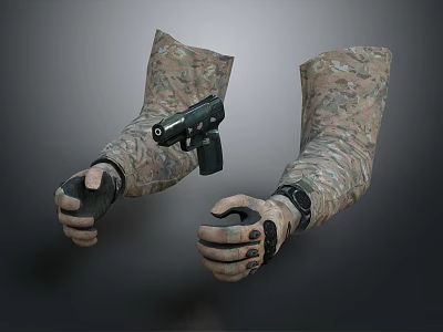 Tactical Gun Held By Camouflage Sleeved Hands With Protective Gloves 3d model