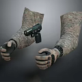 Tactical Gun Held By Camouflage Sleeved Hands With Protective Gloves