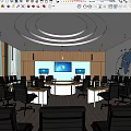Modern Conference Room With Circular Meeting Table Multiple Screens And World Map Wall