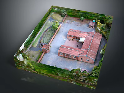 Cartoon Style Courtyard Scene With Red Roof Buildings Green Vegetation And Path 3d model