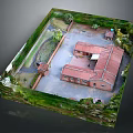 Cartoon Style Courtyard Scene With Red Roof Buildings Green Vegetation And Path