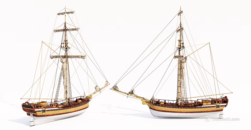 Two Wooden Model Sailboats With Masts Rigging And Vintage Decorative Design 3d model 