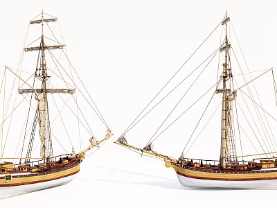 Two Wooden Model Sailboats With Masts Rigging And Vintage Decorative Design 3d model