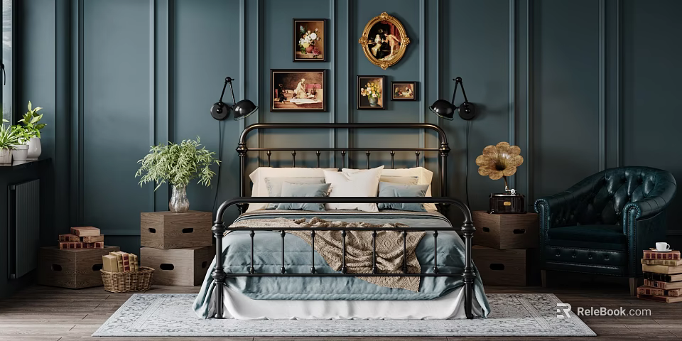 Classic Double Bed with Dark Metal Headboard Blue Bedspread White Pillows Gray Throw and Navy Blue Walls 3d model 