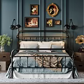 Classic Double Bed with Dark Metal Headboard Blue Bedspread White Pillows Gray Throw and Navy Blue Walls