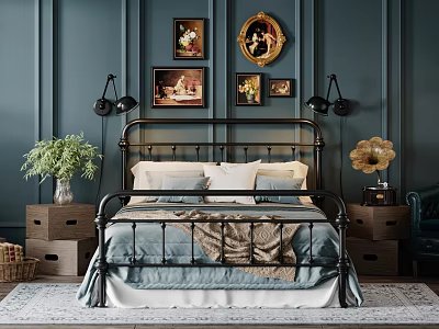 Classic Double Bed with Dark Metal Headboard Blue Bedspread White Pillows Gray Throw and Navy Blue Walls 3d model