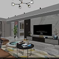 Modern Living And Dining Room With Beige Sofa Round Coffee Tables And Marble TV Wall