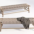 Simple Modern Public Bench With Wooden Frame Woven Seat And Gray Blanket