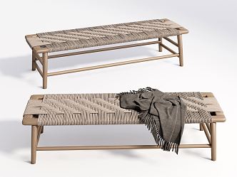 Modern Bench Woven Long Bench Solid Wood Stool 3d model