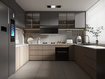 Modern Gray And Wooden Kitchen Interior With Cabinets Refrigerator Stove And Sink 3d model