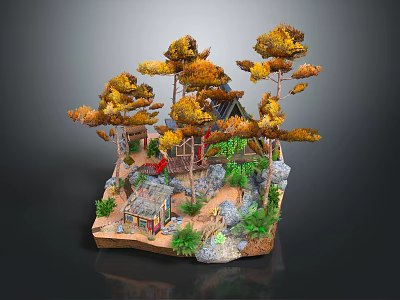 Cartoon Scenic Diorama with Small Cabin Autumn Trees Rocks and Green Plants 3d model